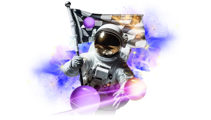 Moonwin Astronauten vor dynamischen, farbigen Effekten